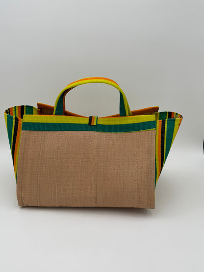 Sunshine Large handwoven tote bag by SCRUBIES in Beige,Yellow,Orange,Green,Black with Solid design and Bow accent pattern