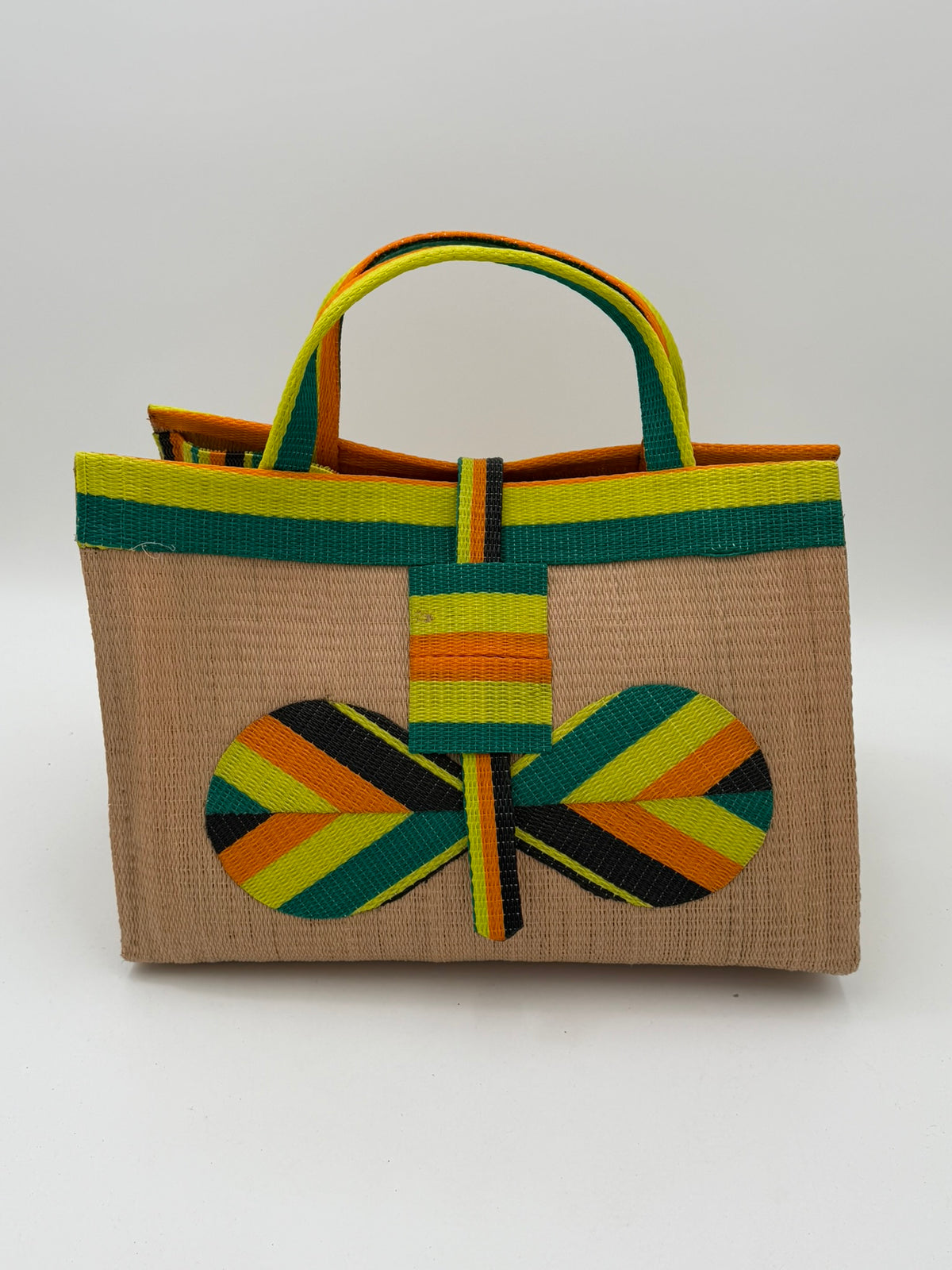 Sunshine Large handwoven tote bag by SCRUBIES in Beige,Yellow,Orange,Green,Black with Solid design and Bow accent pattern