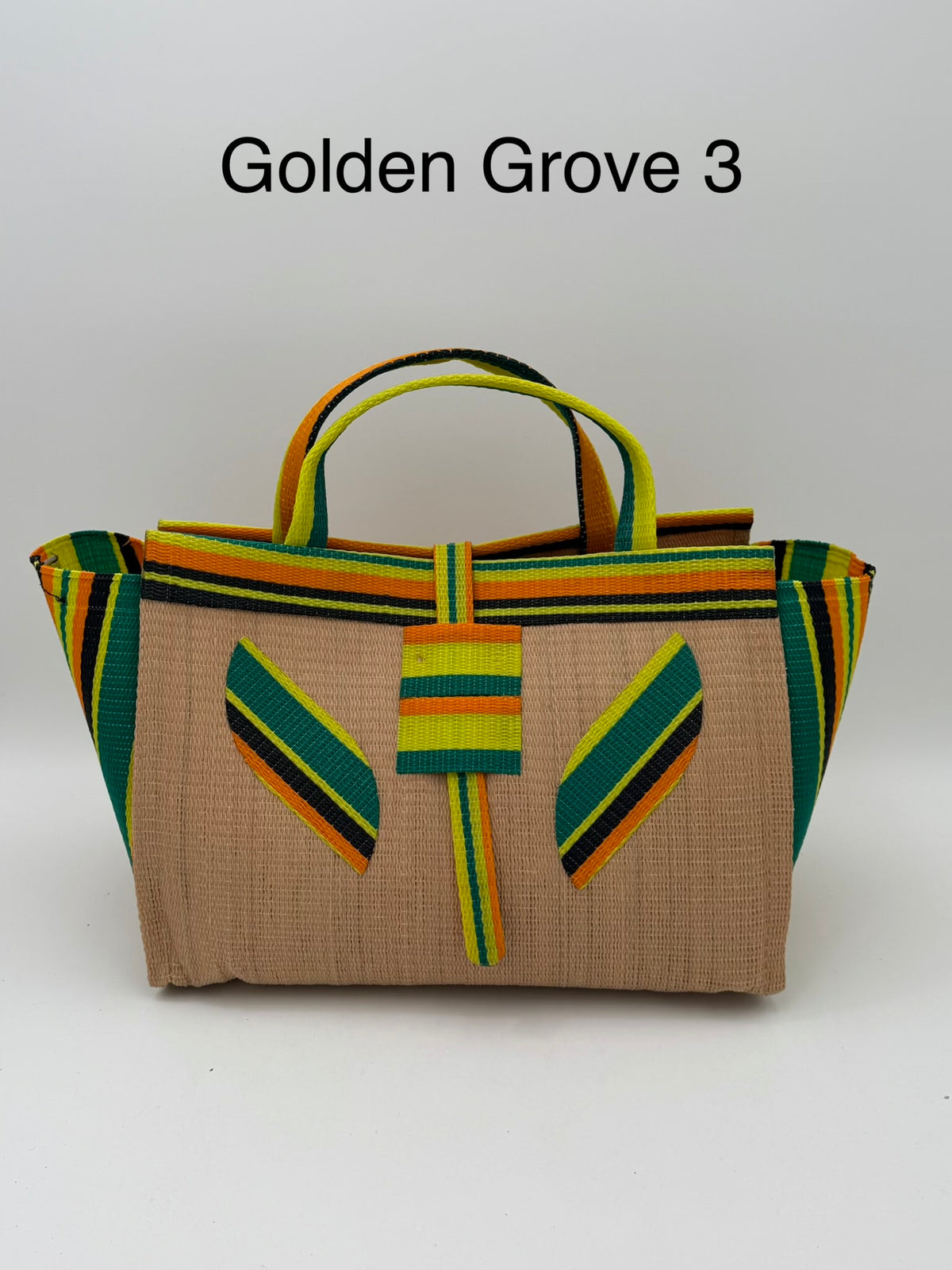 Sunshine Large handwoven tote bag by SCRUBIES in Beige,Yellow,Orange,Green,Black with Solid design and Leaf accent pattern