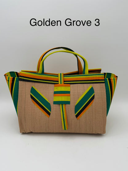 Sunshine Large handwoven tote bag by SCRUBIES in Beige,Yellow,Orange,Green,Black with Solid design and Leaf accent pattern
