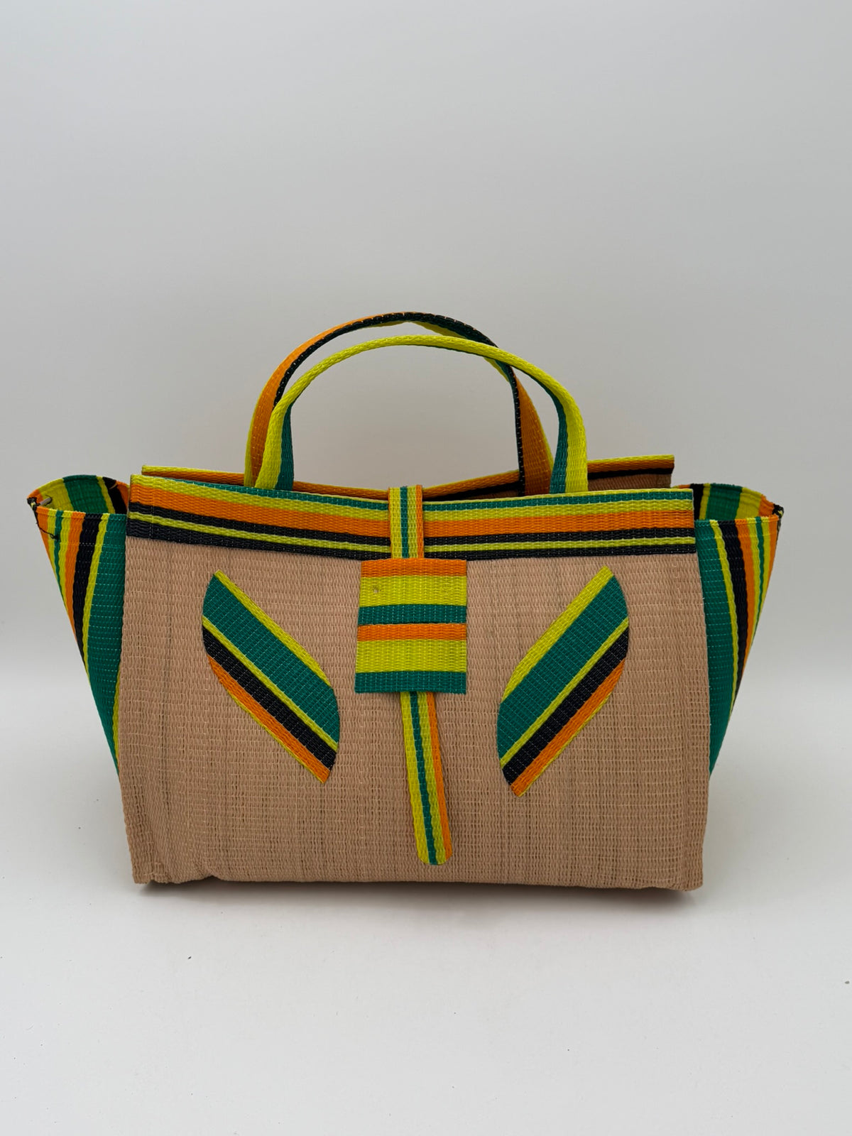 Sunshine Large handwoven tote bag by SCRUBIES in Beige,Yellow,Orange,Green,Black with Solid design and Leaf accent pattern
