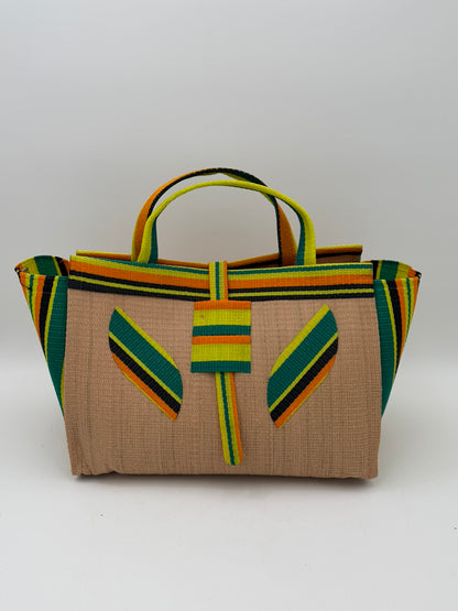 Sunshine Large handwoven tote bag by SCRUBIES in Beige,Yellow,Orange,Green,Black with Solid design and Leaf accent pattern