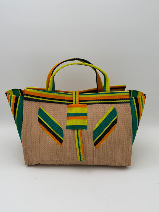 Sunshine Large handwoven tote bag by SCRUBIES in Beige,Yellow,Orange,Green,Black with Solid design and Leaf accent pattern
