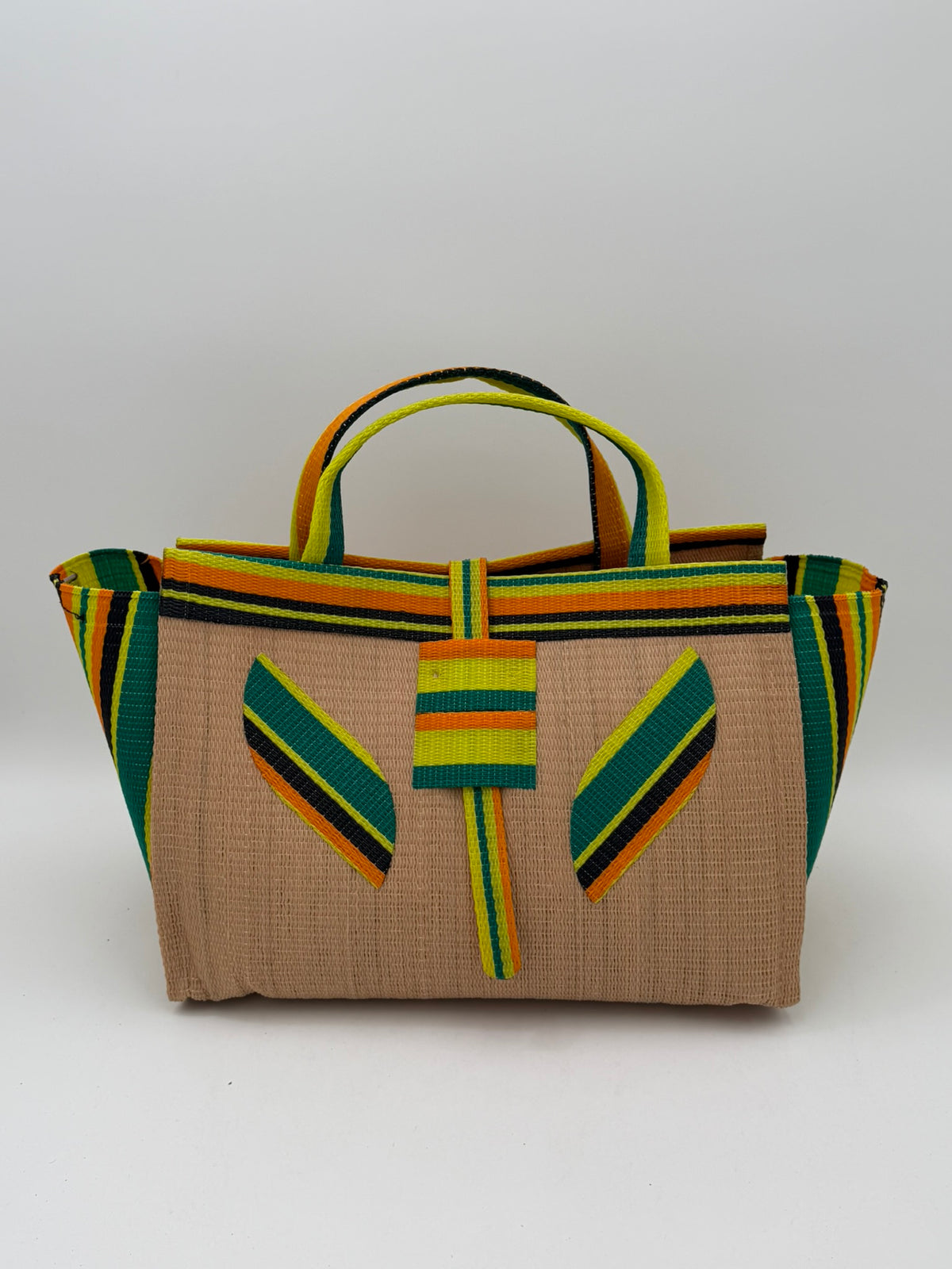 Sunshine Large handwoven tote bag by SCRUBIES in Beige,Yellow,Orange,Green,Black with Solid design and Leaf accent pattern
