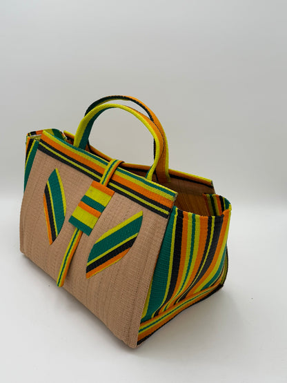 Sunshine Large handwoven tote bag by SCRUBIES in Beige,Yellow,Orange,Green,Black with Solid design and Leaf accent pattern