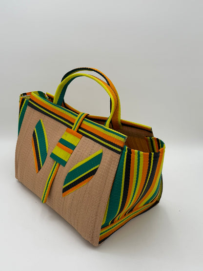 Sunshine Large handwoven tote bag by SCRUBIES in Beige,Yellow,Orange,Green,Black with Solid design and Leaf accent pattern