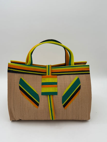 Sunshine Large handwoven tote bag by SCRUBIES in Beige,Yellow,Orange,Green,Black with Solid design and Leaf accent pattern