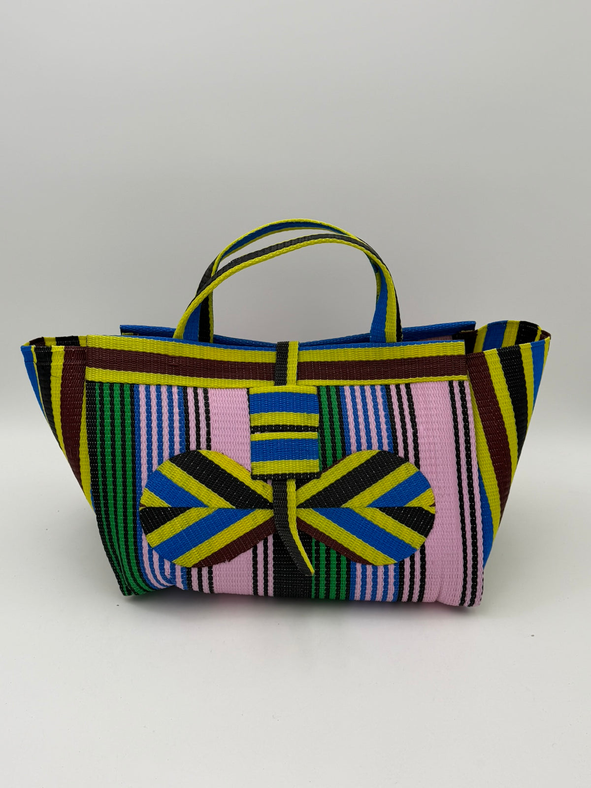Candy Large handwoven tote bag by SCRUBIES in Pink,Green,Yellow,Brown,Blue with Stripes design and Bow accent pattern
