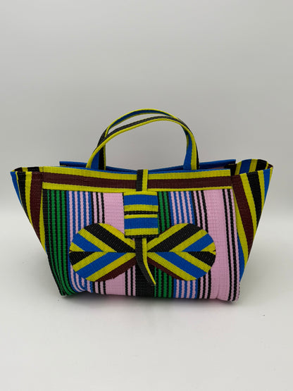 Candy Large handwoven tote bag by SCRUBIES in Pink,Green,Yellow,Brown,Blue with Stripes design and Bow accent pattern