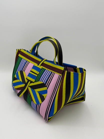 Candy Large handwoven tote bag by SCRUBIES in Pink,Green,Yellow,Brown,Blue with Stripes design and Bow accent pattern