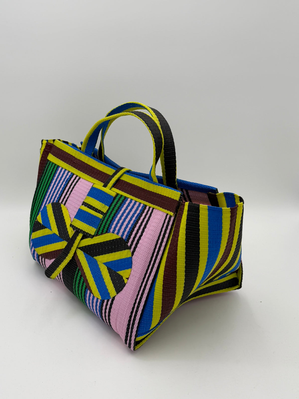 Candy Large handwoven tote bag by SCRUBIES in Pink,Green,Yellow,Brown,Blue with Stripes design and Bow accent pattern