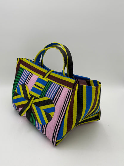Candy Large handwoven tote bag by SCRUBIES in Pink,Green,Yellow,Brown,Blue with Stripes design and Bow accent pattern