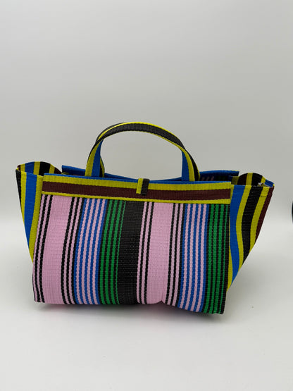 Candy Large handwoven tote bag by SCRUBIES in Pink,Green,Yellow,Brown,Blue with Stripes design and Bow accent pattern
