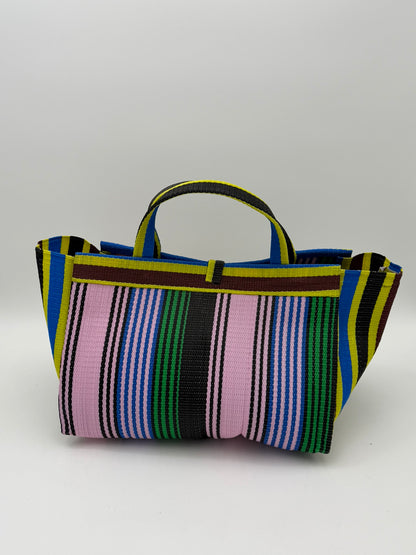 Candy Large handwoven tote bag by SCRUBIES in Pink,Green,Yellow,Brown,Blue with Stripes design and Bow accent pattern