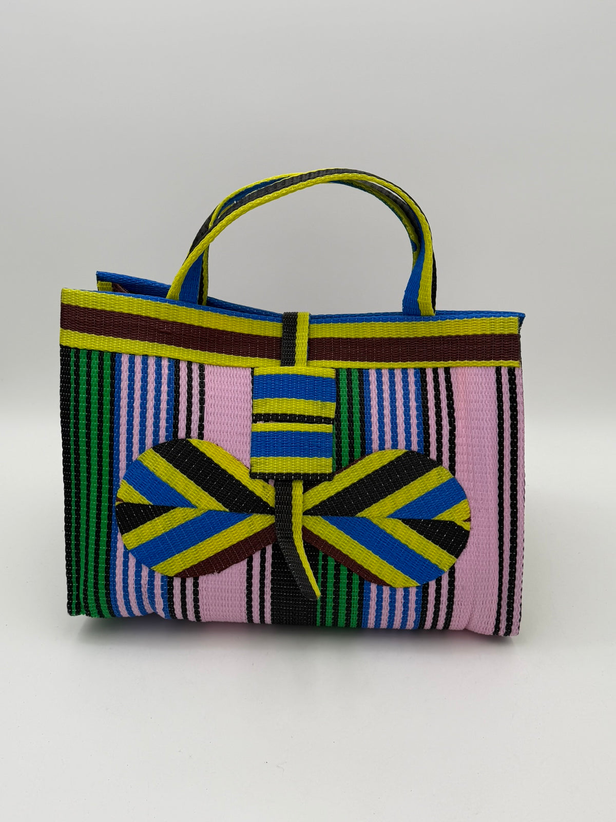 Candy Large handwoven tote bag by SCRUBIES in Pink,Green,Yellow,Brown,Blue with Stripes design and Bow accent pattern