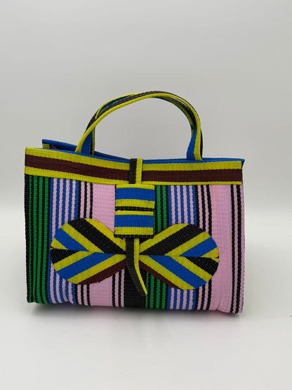 Candy Large handwoven tote bag by SCRUBIES in Pink,Green,Yellow,Brown,Blue with Stripes design and Bow accent pattern