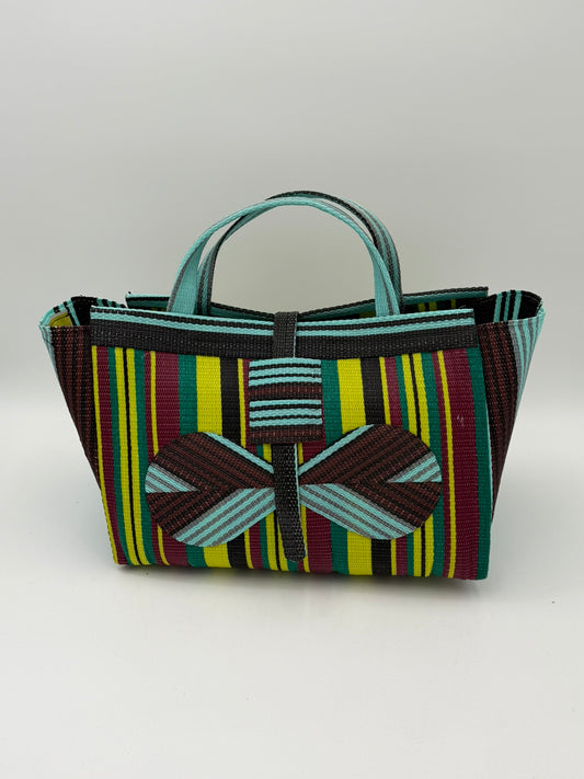 Carbon Large handwoven tote bag by SCRUBIES in Wine,Yellow,Teal,Brown with Stripes design and Bow accent pattern