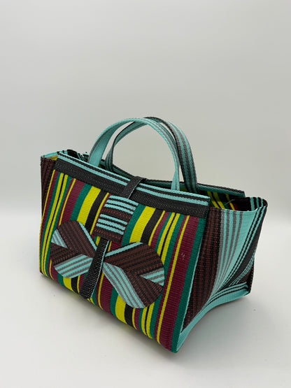 Carbon Large handwoven tote bag by SCRUBIES in Wine,Yellow,Teal,Brown with Stripes design and Bow accent pattern