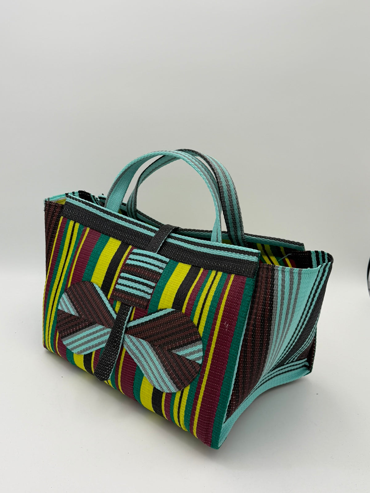 Carbon Large handwoven tote bag by SCRUBIES in Wine,Yellow,Teal,Brown with Stripes design and Bow accent pattern