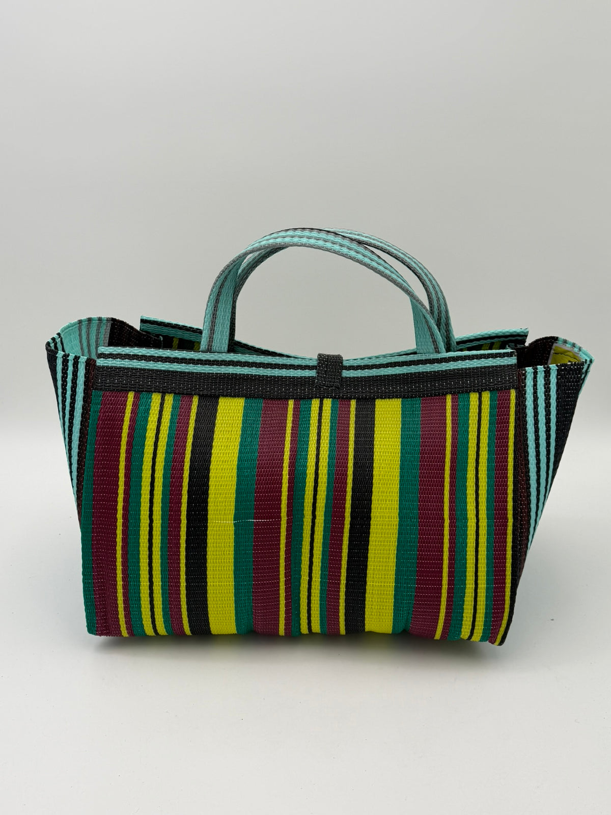 Carbon Large handwoven tote bag by SCRUBIES in Wine,Yellow,Teal,Brown with Stripes design and Bow accent pattern