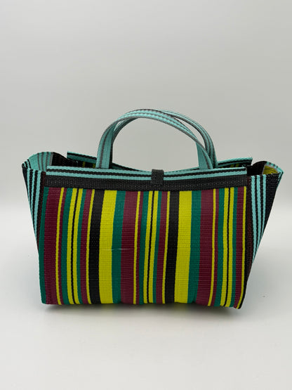 Carbon Large handwoven tote bag by SCRUBIES in Wine,Yellow,Teal,Brown with Stripes design and Bow accent pattern