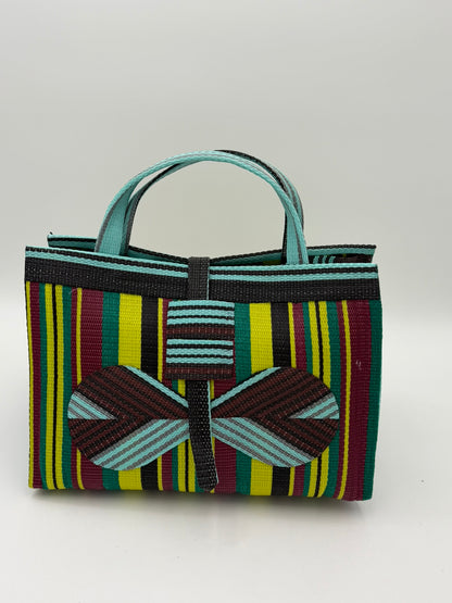Carbon Large handwoven tote bag by SCRUBIES in Wine,Yellow,Teal,Brown with Stripes design and Bow accent pattern