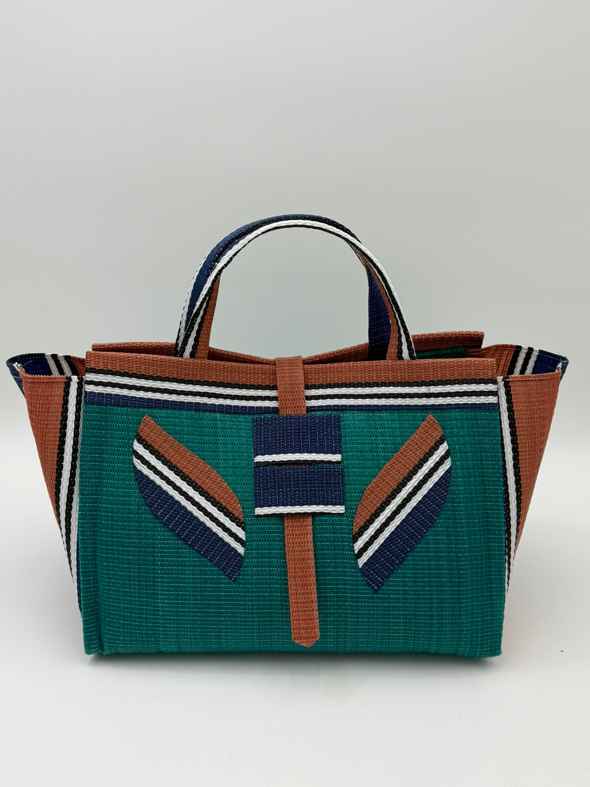Emerald Large handwoven tote bag by SCRUBIES in Green,Brown,Blue,White with Solid design and Leaf accent pattern