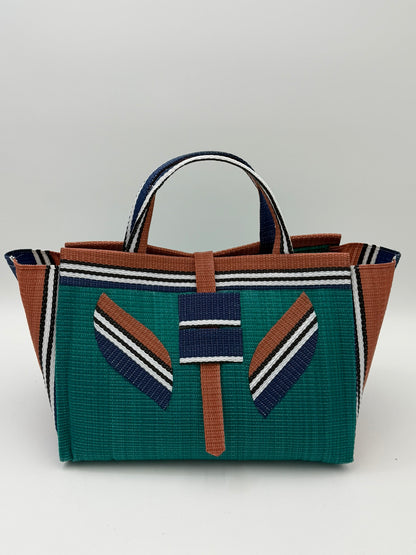 Emerald Large handwoven tote bag by SCRUBIES in Green,Brown,Blue,White with Solid design and Leaf accent pattern