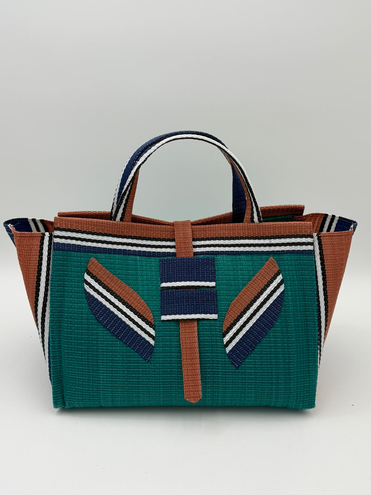 Emerald Large handwoven tote bag by SCRUBIES in Green,Brown,Blue,White with Solid design and Leaf accent pattern