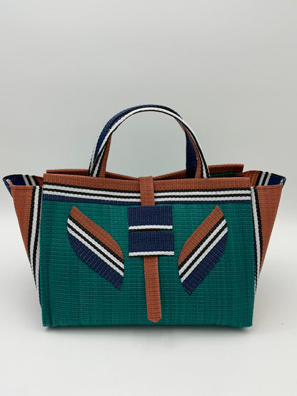 Emerald Large handwoven tote bag by SCRUBIES in Green,Brown,Blue,White with Solid design and Leaf accent pattern