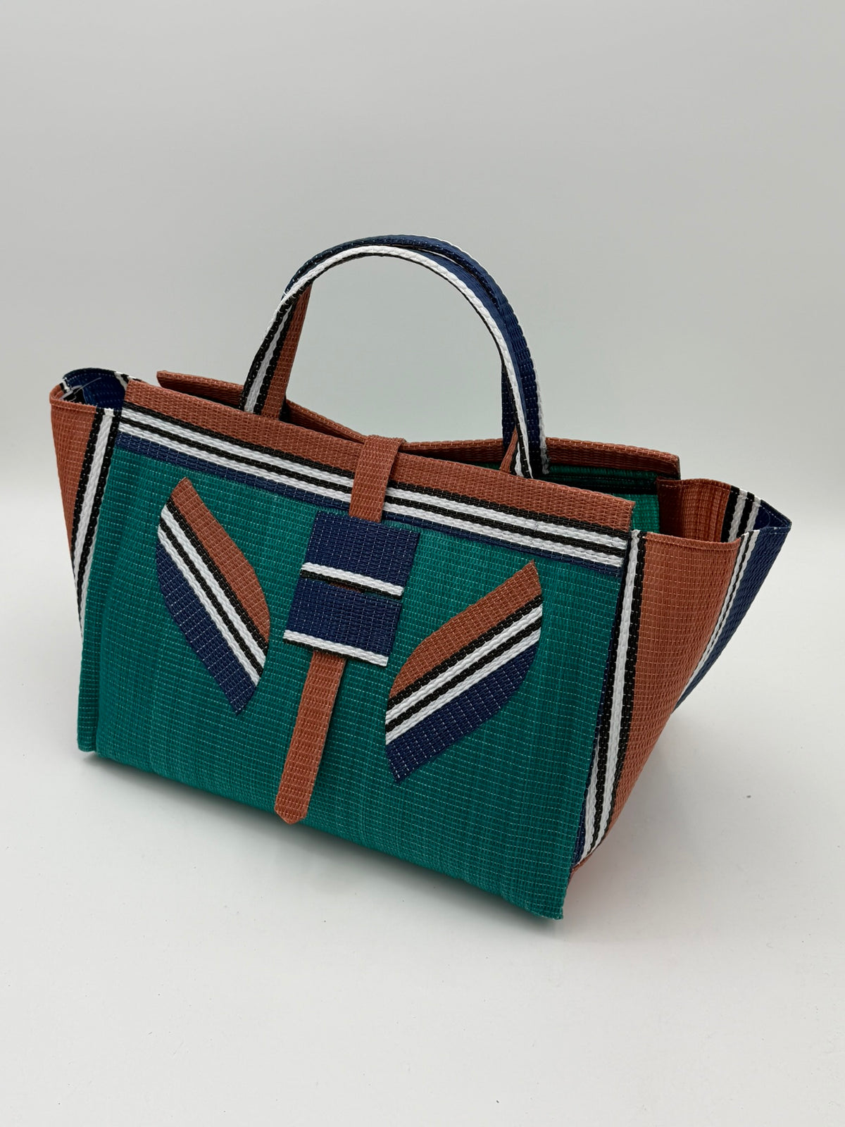 Emerald Large handwoven tote bag by SCRUBIES in Green,Brown,Blue,White with Solid design and Leaf accent pattern