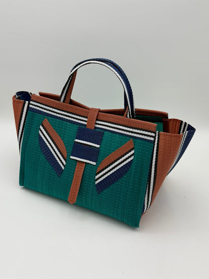 Emerald Large handwoven tote bag by SCRUBIES in Green,Brown,Blue,White with Solid design and Leaf accent pattern