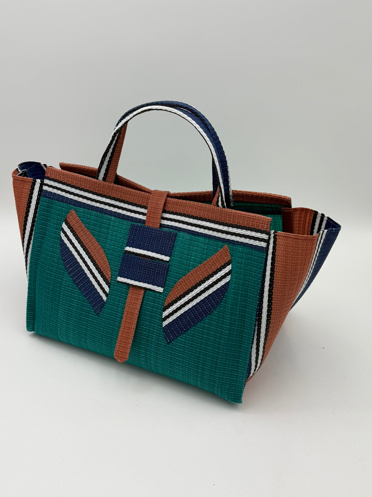 Emerald Large handwoven tote bag by SCRUBIES in Green,Brown,Blue,White with Solid design and Leaf accent pattern