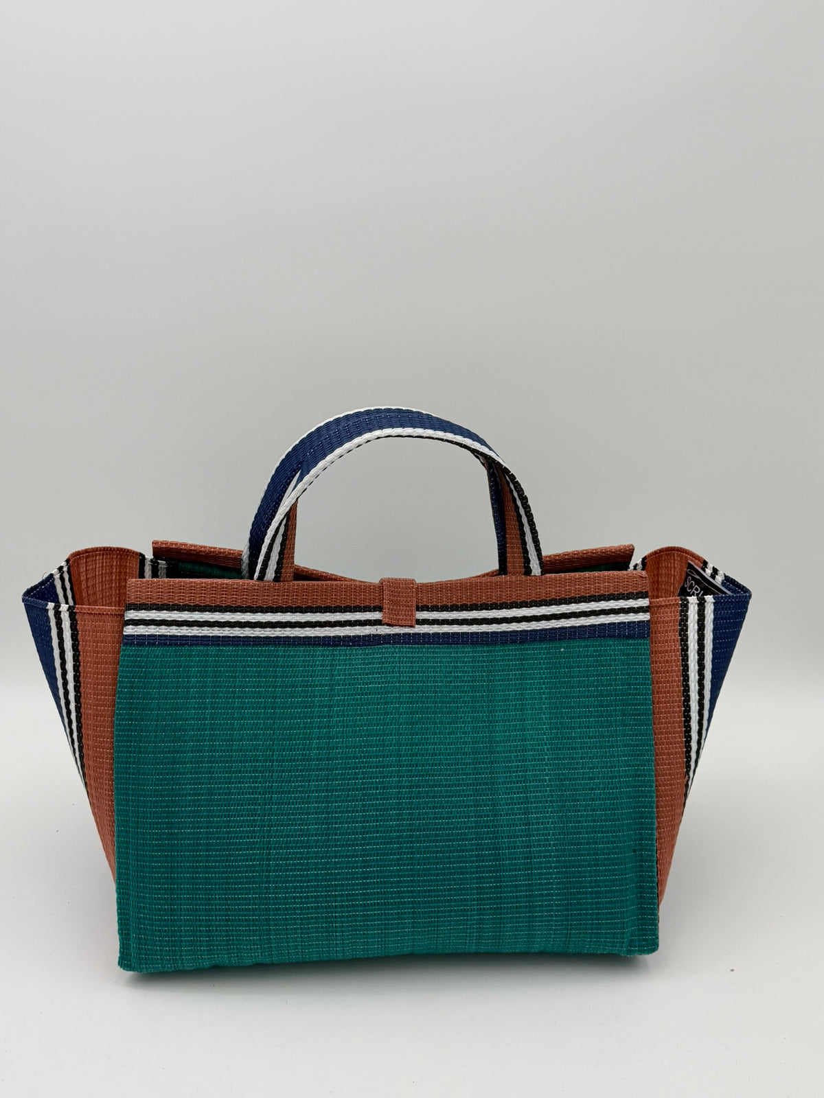 Emerald Large handwoven tote bag by SCRUBIES in Green,Brown,Blue,White with Solid design and Leaf accent pattern