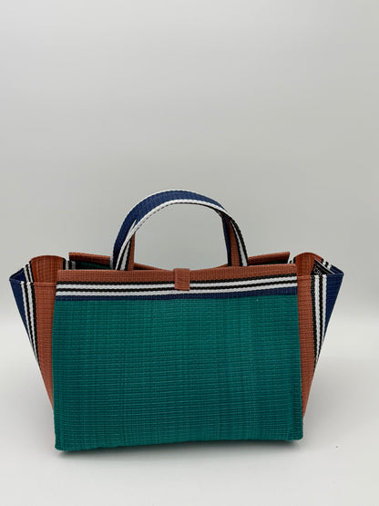 Emerald Large handwoven tote bag by SCRUBIES in Green,Brown,Blue,White with Solid design and Leaf accent pattern