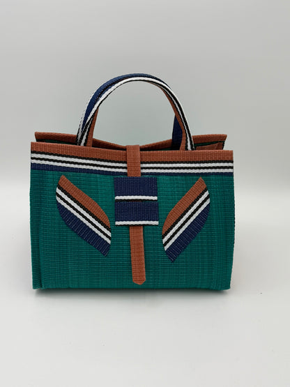 Emerald Large handwoven tote bag by SCRUBIES in Green,Brown,Blue,White with Solid design and Leaf accent pattern