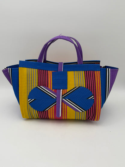Citrus Large handwoven tote bag by SCRUBIES in Yellow,Blue,Purple,Pink with Stripes design and Bow accent pattern
