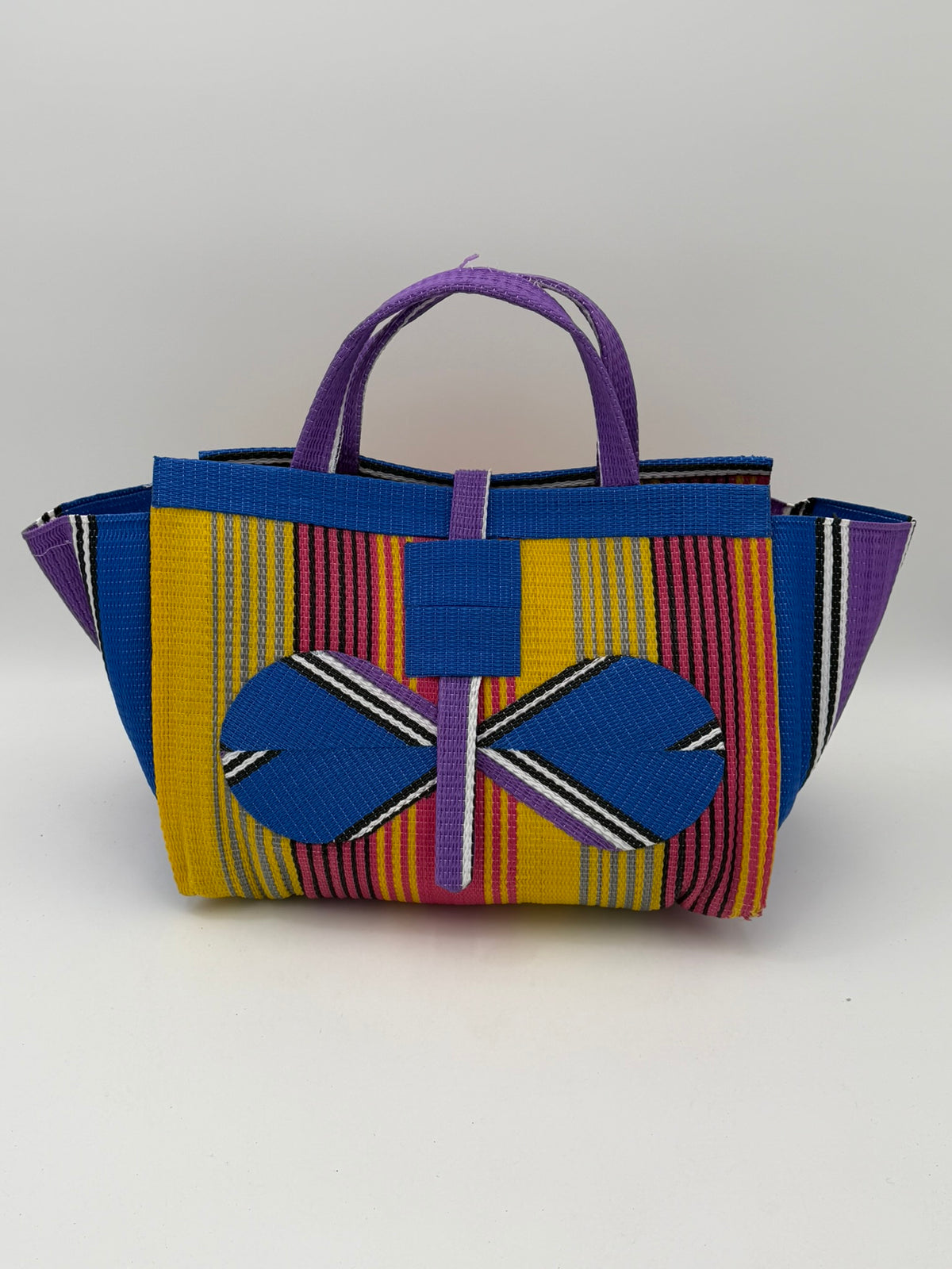 Citrus Large handwoven tote bag by SCRUBIES in Yellow,Blue,Purple,Pink with Stripes design and Bow accent pattern