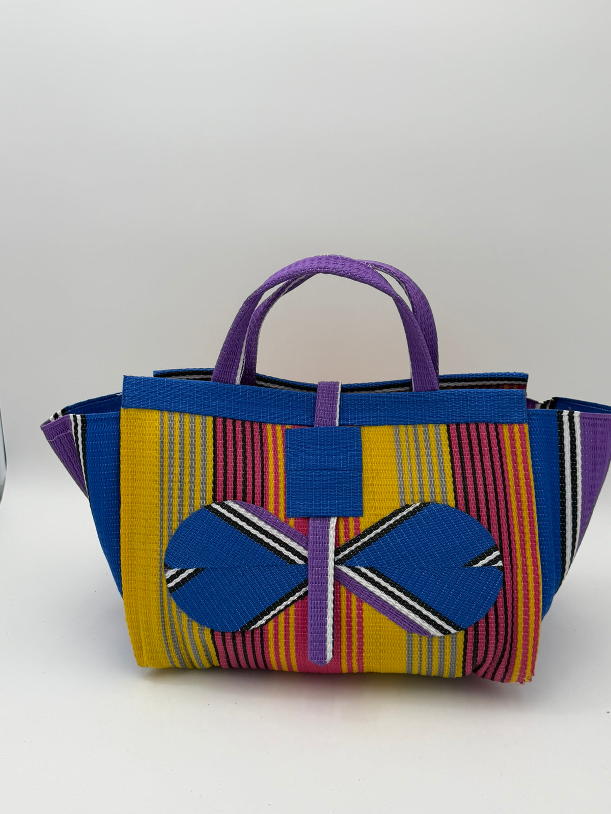 Citrus Large handwoven tote bag by SCRUBIES in Yellow,Blue,Purple,Pink with Stripes design and Bow accent pattern