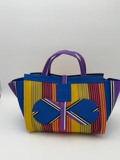 Citrus Large handwoven tote bag by SCRUBIES in Yellow,Blue,Purple,Pink with Stripes design and Bow accent pattern