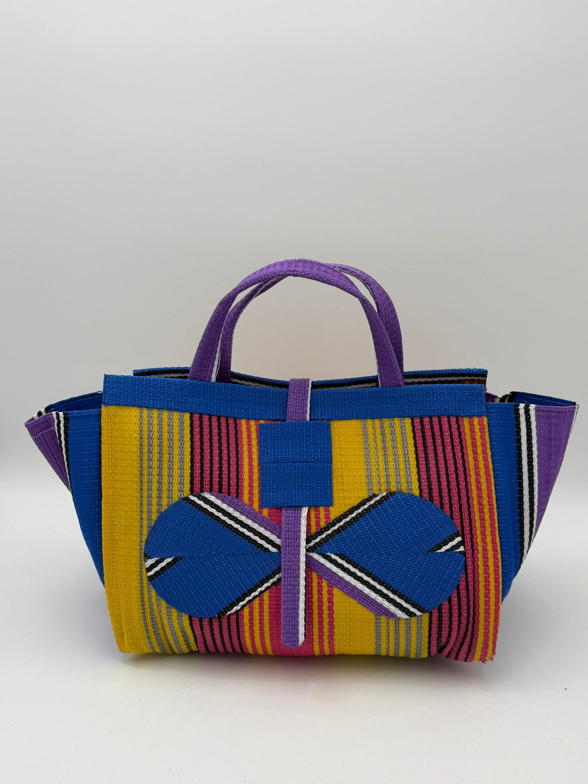 Citrus Large handwoven tote bag by SCRUBIES in Yellow,Blue,Purple,Pink with Stripes design and Bow accent pattern