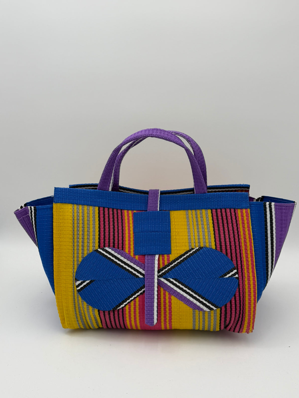 Citrus Large handwoven tote bag by SCRUBIES in Yellow,Blue,Purple,Pink with Stripes design and Bow accent pattern