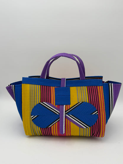 Citrus Large handwoven tote bag by SCRUBIES in Yellow,Blue,Purple,Pink with Stripes design and Bow accent pattern