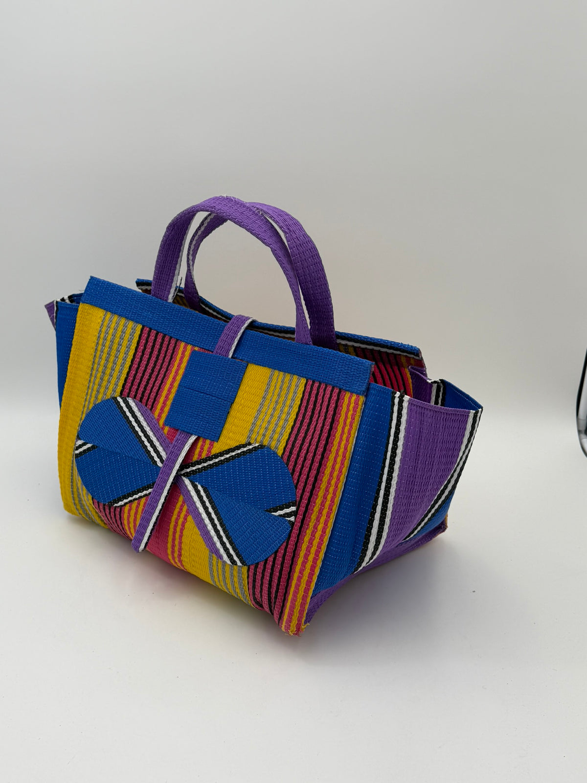 Citrus Large handwoven tote bag by SCRUBIES in Yellow,Blue,Purple,Pink with Stripes design and Bow accent pattern