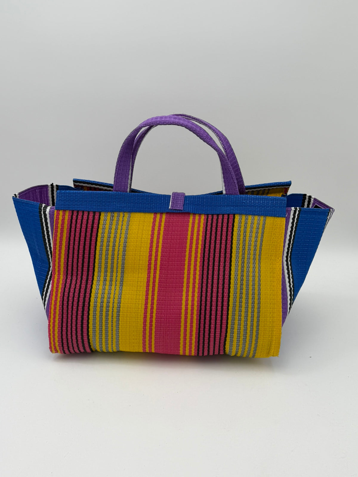 Citrus Large handwoven tote bag by SCRUBIES in Yellow,Blue,Purple,Pink with Stripes design and Bow accent pattern