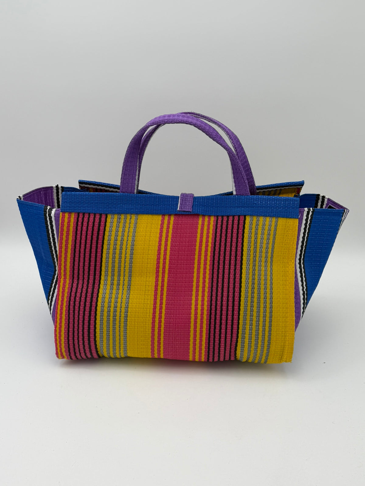 Citrus Large handwoven tote bag by SCRUBIES in Yellow,Blue,Purple,Pink with Stripes design and Bow accent pattern