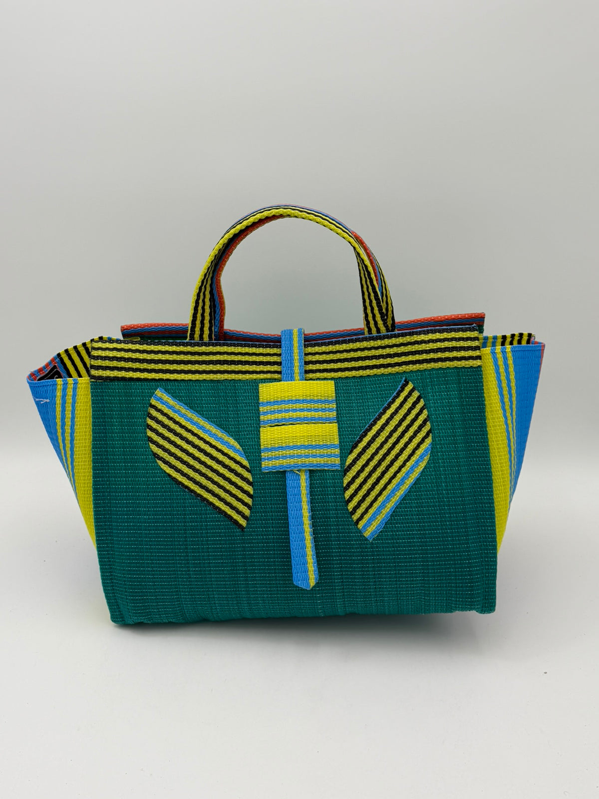 Citrus Large handwoven tote bag by SCRUBIES in Green,Yellow,Blue with Solid design and Leaf  accent pattern