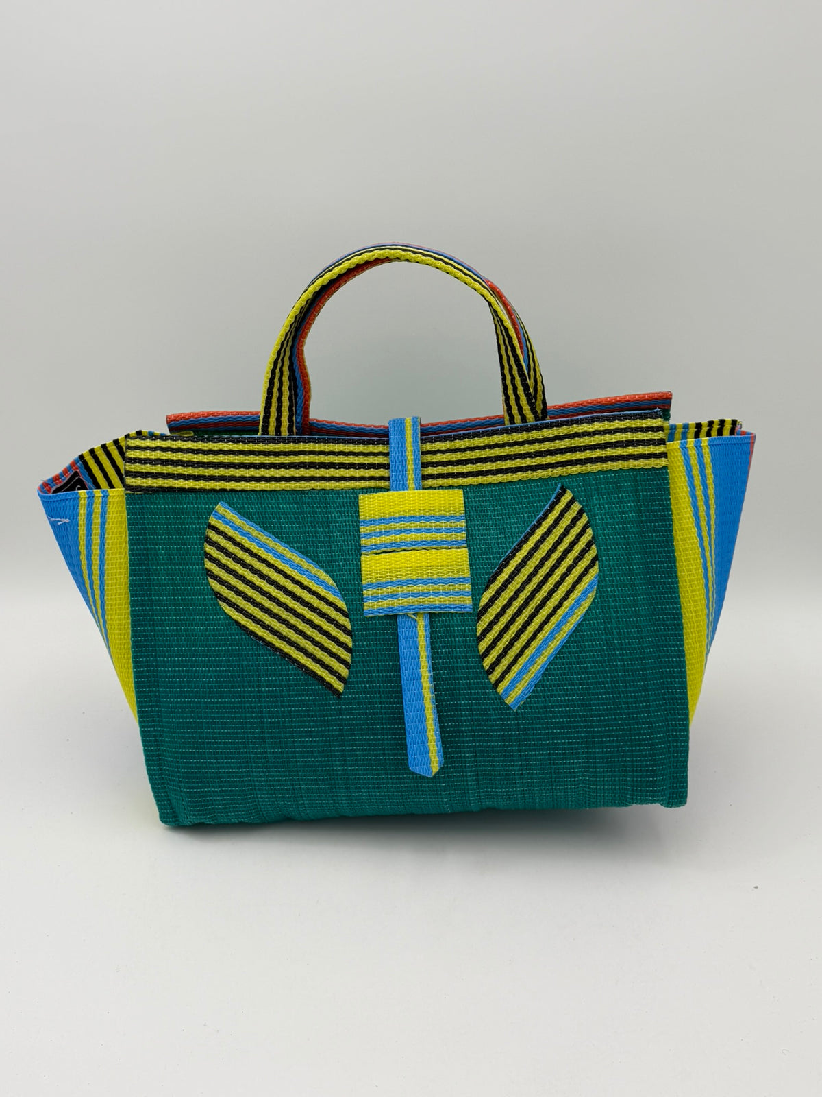 Citrus Large handwoven tote bag by SCRUBIES in Green,Yellow,Blue with Solid design and Leaf  accent pattern