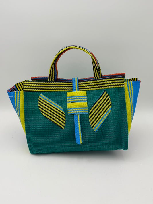 Citrus Large handwoven tote bag by SCRUBIES in Green,Yellow,Blue with Solid design and Leaf  accent pattern