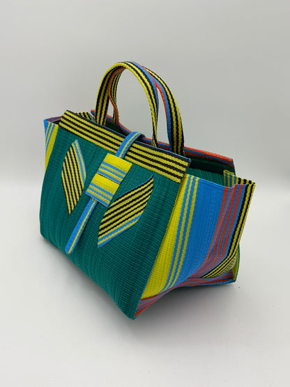 Citrus Large handwoven tote bag by SCRUBIES in Green,Yellow,Blue with Solid design and Leaf  accent pattern